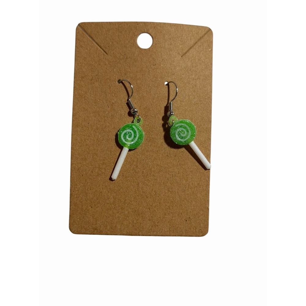 Handmade Green Lollipop Swirl Glitter Drop Earrings Novelty Candy Dangle‎ Kitsch